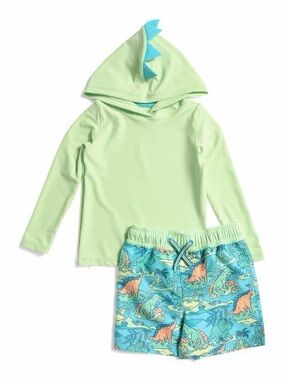 Tommy Bahama Green Hooded Rash Guard with Blue Dinosaur Print Swim Trunks 5/6